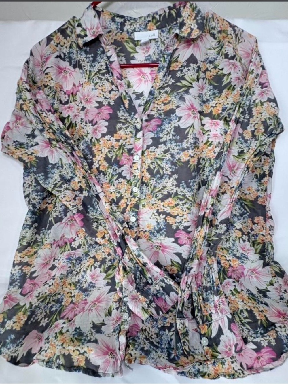 J. Jill Floral Sheer Button-Down Blouse - Pink/Gray